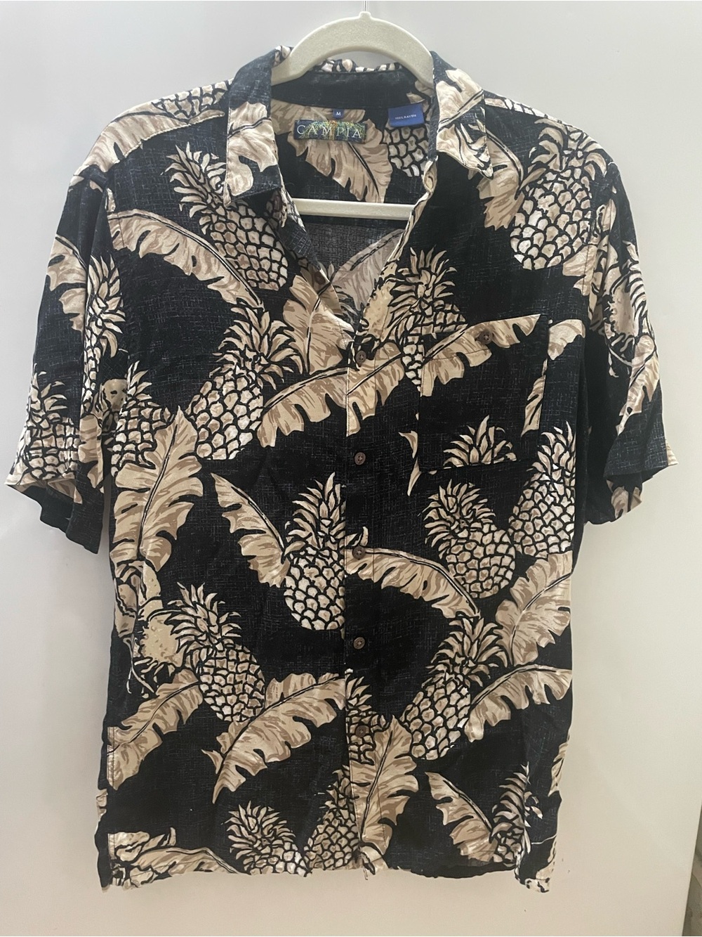 Vintage Campia Men's M Black Floral Pineapple Hawaiian Shirt Short Sleeve Button